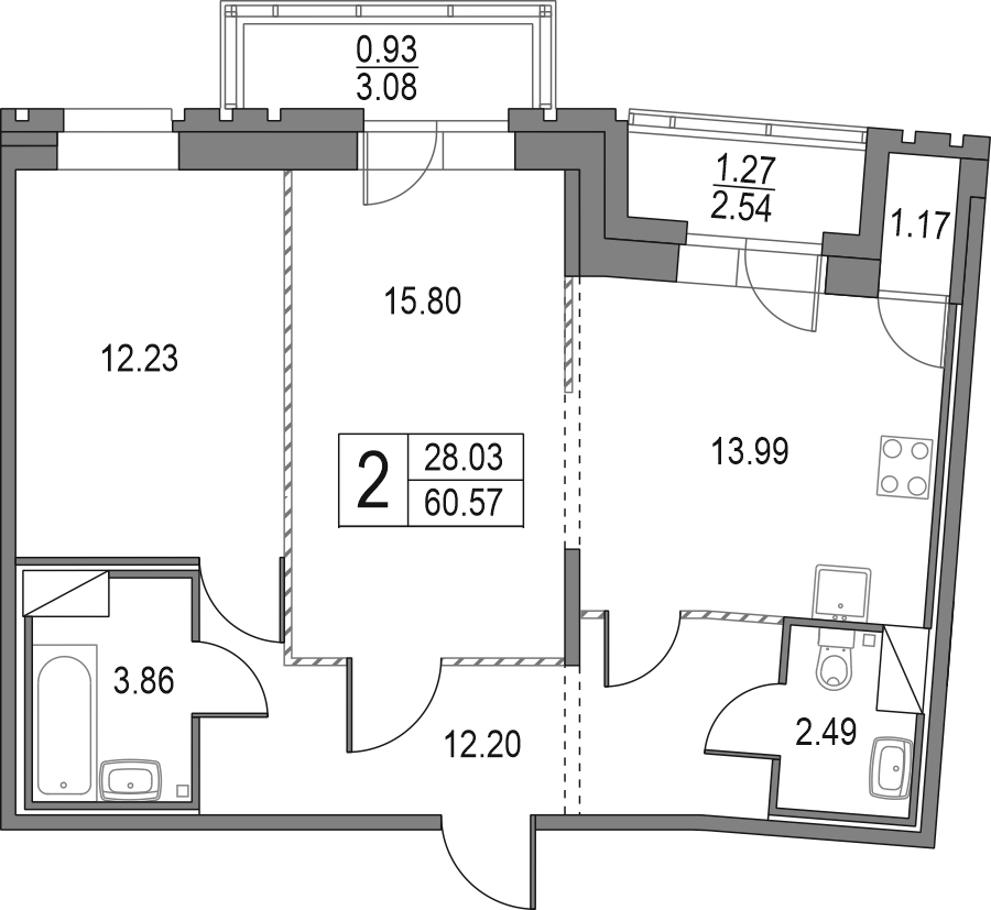 2-комнатная квартира 61.49 м², 17/25 эт., ЖК «Приморский квартал»